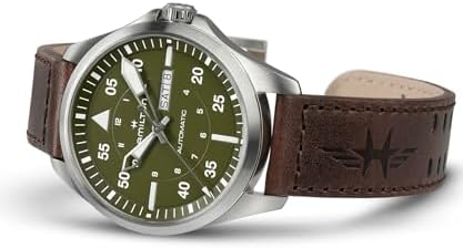 Hamilton Khaki Aviation Automatic Men's Watch, 42mm Stainless Steel Case, Swiss Made, Green Dial Analog Wrist Watch for Men, 100m Waterproof, Sapphire Crystal, 3-Hand Movement, Cow Leather Strap