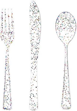 Supernal 360pcs Clear Plastic Silverware,Clear Glitter Disposable Cutlery with Colorful Design,Plastic Forks and Spoons,120 Forks,120 Knives,120 Spoons,Perfect for Parties Birthday