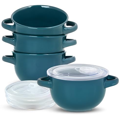 KooK Tazones de sopa, cuencos de sopa de cebolla francesa, platos de sopa, cuencos aptos para horno, tazas de sopa, cuencos de cerámica, lavavajillas, microondas, juego de 4, 18 onzas (verde azulado)