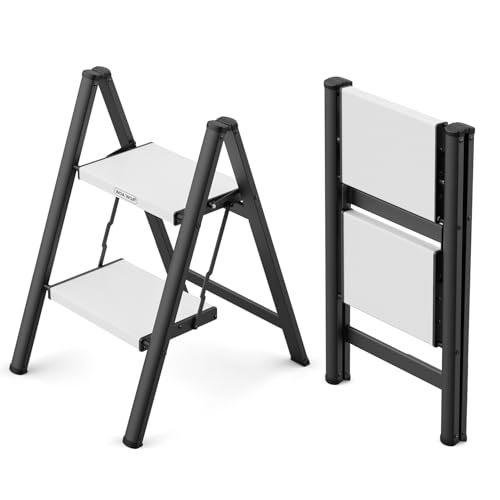 WOA WOA 2 Step Foldable Step Stool, 300lbs Load, Black & White