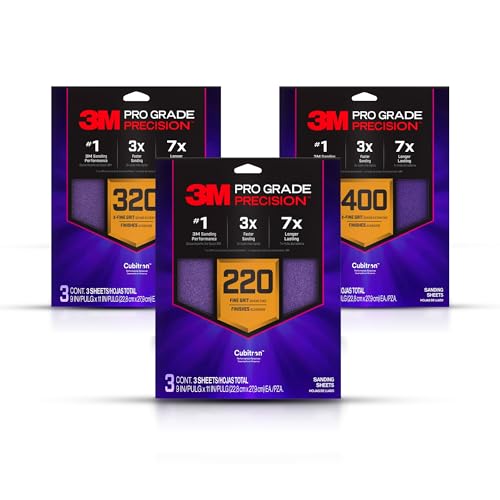 3M Pro Grade Precision Faster Sanding Sheets, NO-Slip Grip Backing, Assorted Grits 220/320/400, 9" x 11", 3 Sheets Each, 9 Total