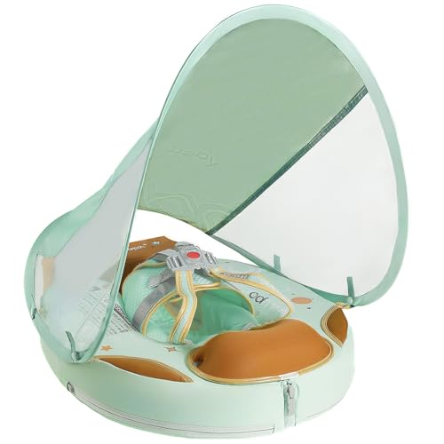 Image of Mambobaby Non-Inflatable Baby Pool Float with Tail and Canopy UPF 50+ Sun Protection No Flip Over Infant Swim Float Skin-Friendly Mambo Float Swim Trainer Solid Baby Swimming Ring Foldable Style