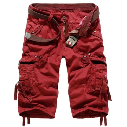 M&Catree Short Cargo Homme Pantalon Court Décontracté Respirant Été Léger Multi-Poches Pantacourt - Rouge vin, M(32)