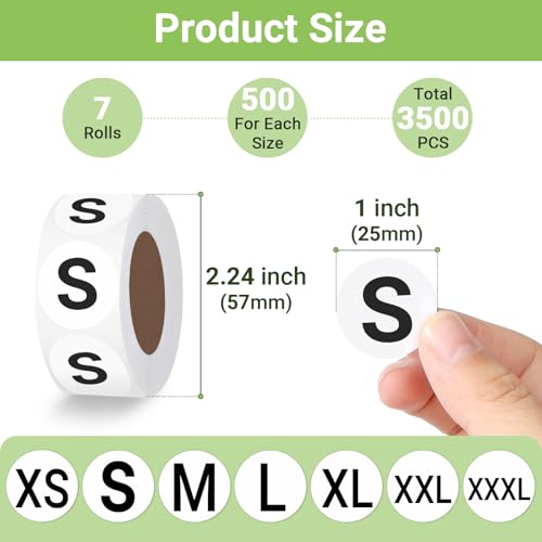 Svaldo Pegatinas de Tamaño de Ropa, 7 Rollos Pegatinas Blancas Adhesivas de 2,5 cm de Diámetro, para Ropa, Camisetas, Calcetines, Sombreros (XS,S,M,L,XL,XXL,XXXL)