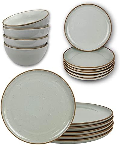 Mora Ceramic Dinner Plates, Salad Plates, Cereal Bowls Bundle - Microwave, Oven and Dishwasher Safe, Modern Dinnerware - Earl Grey
