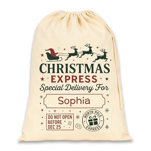 Personalised Santa Sack with Custom Name | Large Christmas Sack for Gifts | Xmas Gift Bag for Under Tree | Christmas Eve Bag | Christmas Stocking Alternative (North Pole Express, Large)
