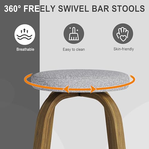 Set de 2 Butacos giratorios, Altura mostrador 30′′, Asiento tapizado en tela gris claro, Patas de madera resistentes y reposapiés metálico, Diseño moderno de mediados de siglo miniatura 5