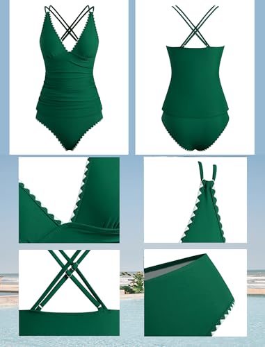 ZAFUL Plus Size V Neck Tankini for Women Color Block Bikini Top Double Shoulder Straps Bikini Ruched Swim Suits with High Waisted Bottoms Summer Bathing Suits (Green 1X) — view 5