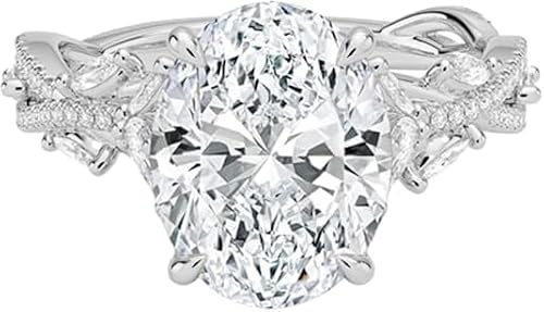 3 Carat White Gold Oval Cut Moissanite Engagement Ring for Women, Nature Inspired Floral Leaf Design, 10K 14K 18K Solid Gold or 925 Sterling Silver, Vintage Promise Wedding Ring, Unique Proposal Ring Gift