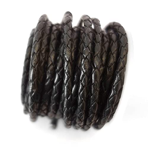 Image of 4.0mm 4 Ply Round Braided Genuine Leather Cord, Regular Shiny Black Color, Hand Braided, Roll of 5 Meters