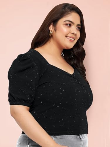Image of wild U Women Western Plus Size Crop Top| Shimmer | Puff Sleeve | Stretchable | Stylish Top for Curvy Women (Black)