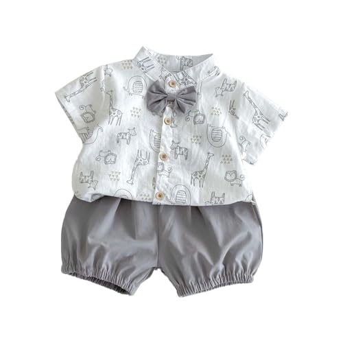Image of HEOXIN Newborn Baby Boys Clothing Set, Short Sleeved Animals Print Shirt with Bowtie + Elastic Waist Shorts Suit, Infant Boy Suit Boy's Outfits for Summer for Birthday, Grey 9-12 Months