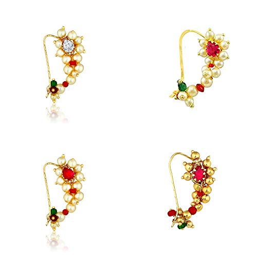 SILVERX925 Traditional Jewellery Gold Plated Maharashtrian Wedding Combo Nose Pin/Nath Nose Ring For Women (4 Pcs) -Nath Combo-A705_20257