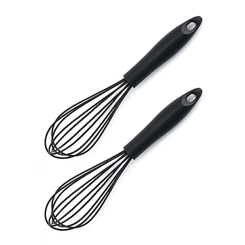 Ousyaah Silicone Whisk (2 Pack), Commercial Non-Scratch Balloon Wire Whisk for Cooking, Manual Egg Beater Milk Frother Coffee Whisks, for Blending, Whisking, Beating and Stirring (Black)