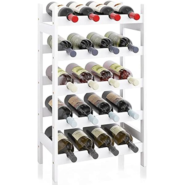 SMIBUY Bambusowy stojak na wino, ekspozycyjny, na 20 butelek, 5-poziomowy, wolnostojący, do przechowywania, do kuchni, spiżarni, piwnicy, baru, biały