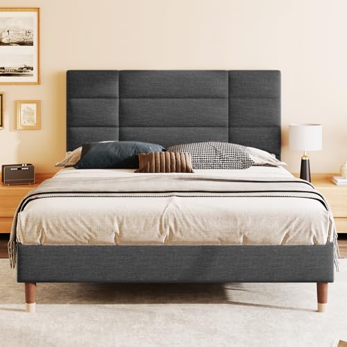 Anwick Polsterbett Doppelbett mit Gepolstertem Kopfteil, Modernes Stoffbett in Leinenoptik mit Lattenrost, Ohne Matratze (Grau)