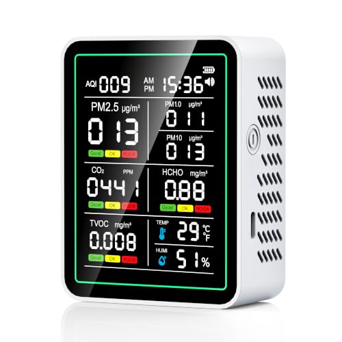 Air Quality Monitor Indoor, 10-in-1 Portable Smart Air Quality Tester for CO2 | TVOC | HCHO | AQI | PM2.5 | PM1.0 | PM10 | Temperature | Humidity and Time for Home, Office, Cars, Hotel, School