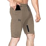 BROKIG Mens Thighs Mesh Gym Workout Shorts, Bodybuilding Slim Athletic Running Shorts for Men with Zipper Pockets (Beige,Large)