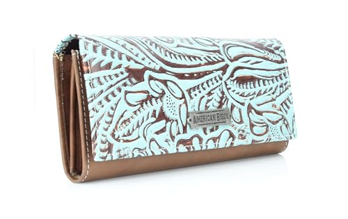 American Bison Women’s Wallet – Sky Blue Floral Flap with Logo Concho or Engraved Plate, Zip Divider & Organizer (Engraved Metal Plate)4