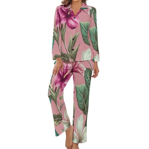 Pyjama femme chic motif hibiscus tropical 2 pièces grand taille pour nuit et salon