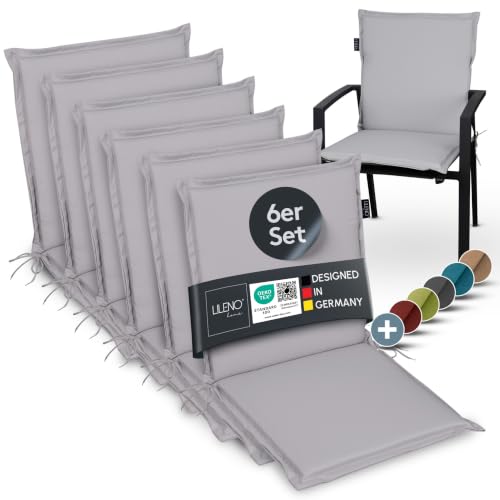 LILENO HOME Gartenstuhl Auflagen [6er Set - Niedriglehner] in Grau - Bequeme Liegen als Sitzauflagen für Gartenmöbel - Stuhlkissen für Gartenstühle und Klappstühle MIA