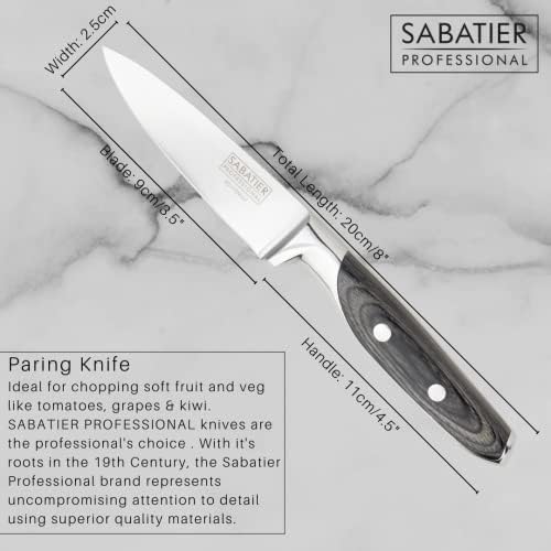 Sabatier Professional Kitchen Paring Knife - 3.5in/9cm Full Tang Blade Forged from High Chrome Taper Ground Stainless Steel, Twin Rivet Pakka Wood Handle. Sharper for Longer, by Taylors Eye Witness