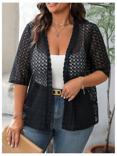 OYOANGLE Women's Plus Size Floral Lace Open Front Crochet Cardigans Short Sleeve Lightweight Loose Jackets3
