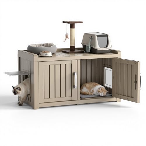 GYMHILL Hidden Cat Litter Box Enclosure, Litter Box Enclosure Furniture with Double Door, Sturdy Resin Scratch-Resistant Cat House, Storage Bench All-Wearther for Indoor Use Against Walls (Grey)