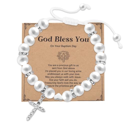 Pearl Cross Bracelet for Women Girls Christian Baptism Gifts Women Girl Catholic Religious Gifts for Granddaughter Daughter Niece Christening Bead Bracelet Gift Adjustable