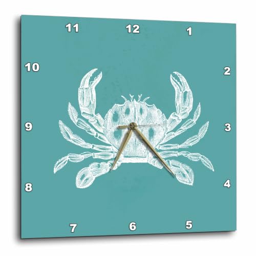 3dRose Wall Clock Silent - 15 inch - White Crab Etched Teal Turquoise Aqua Blue - Nautical Beach sea Ocean - Vintage Art