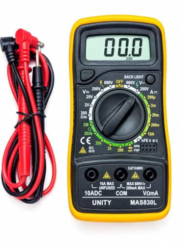UNITY MAS830L Digital Multimeter with Test Leads, CAT II 600V | LCD Backlight Display, hFE Transistor Test, AC/DC Voltage Measurement, 10A Current Capacity, Hold Function