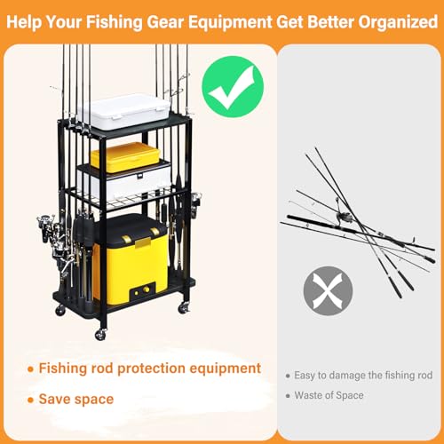 TC-HOMENY Fishing Rod Holder for Garage, Fishing Pole Rack Cart 10 Rod Fit All Fishing Rods, 3 Tier Fishing Tackle Storage Organizer Rack with Storage Bag, Fit For Living Room