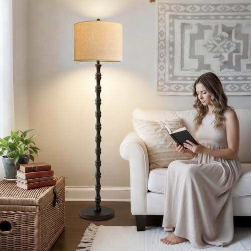 Image of Wood Floor Lamps for Living Room Rattan Floor Lamp with Remote Control& 3 Color Temperature,Dimmable Rustic Floor Lamp Black Mid Century Modern Standing Lamp Tall Farmhouse Floor Lamp For Bedroom