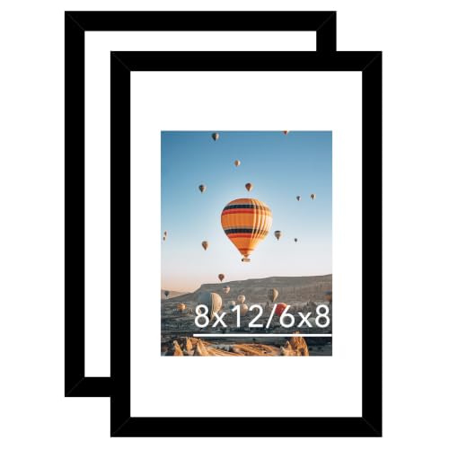 Image of JCJMY 8x12 Picture Frame Set of 2 with 6x8 Mat, Black 8 x 12 Photo Frames with Shatter Resistant Plexiglass, Display 6 x 8 with Mat or 8 by 12 Without Mat, Sturdy Wall or Tabletop Frame, 2 Pack