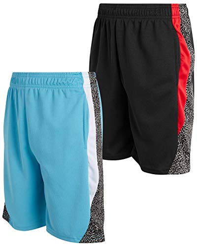 Mad Game Boys’ Athletic Shorts – 2 Pack Performance Dry Fit Basketball Shorts (8-18), Size 12-14, Elephant Print/Black/Blue #TOP12