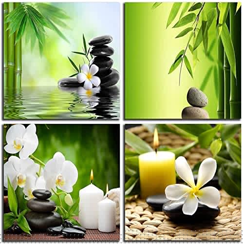NAN Wind Modern 4 Panel Zen Giclee Canvas Print Spa Wall Art Spa Massage Treatment Pictures on Canvas Wall Art for Home Office Decorations Living Room Bedroom (14X14inchX4, Green zen)