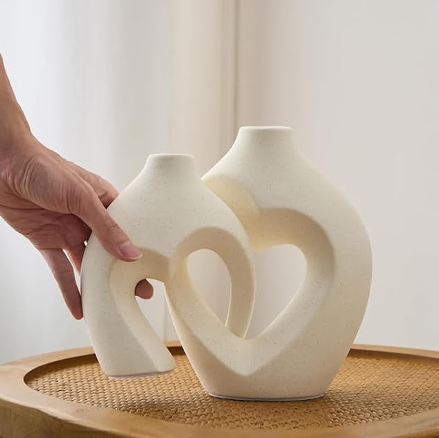 Image of White Heart Shaped Vases for Decor, Shaped Ceramic Vase Set of 2, Minimalist Decorative Vase for Table Centerpiece Wedding Dining Room (Heart Vase)