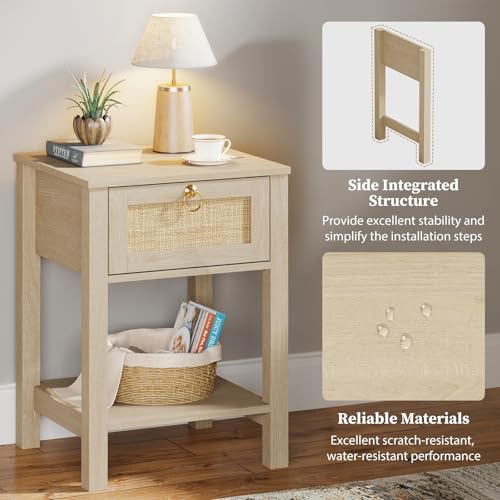 Image of Eclatara Rattan Nightstand Set of 2: Sturdy Night Stand with Rattan Decor Drawer, Farmhouse Nightstand Bedside Table Boho End Tables Side Tables for Bedroom (Natural Light Oak,2 Pieces)