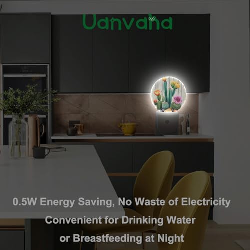 Image of Cactus Night Light Tropical Cacti Desert Green Plant with Flowers on Wooden Blank Night Lights Plug into Wall Auto on /Off LED Lighting for Home Hallway Stairway Kitchen