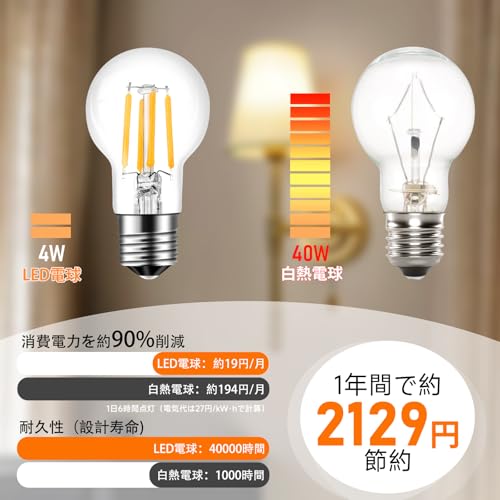 フィラメント電球 E17口金 調光器対応 LED電球 電球色相当 40W形相当 470lm 全方向タイプ ミニクリプトン クリアタイプ電球 省エネ 密閉器具対応 断熱材施工器具対応 2個入 [4]