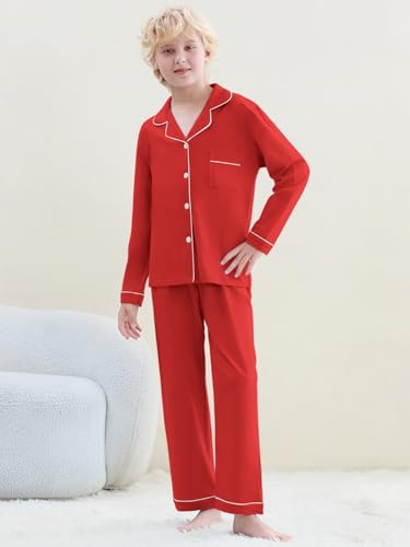 Umeyda Boys 100% Cotton Pajamas Set Kids Soft Long Sleeve Top and Pants Sleepwear 2 Pcs Button-Up Comfy Pjs Set for Ages 4-122