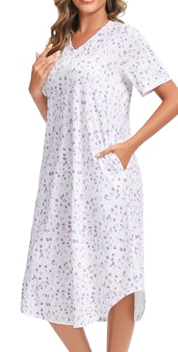 Image of Kabento Nightgowns for Women Cotton Short Sleeve Long Night Gowns with Pockets