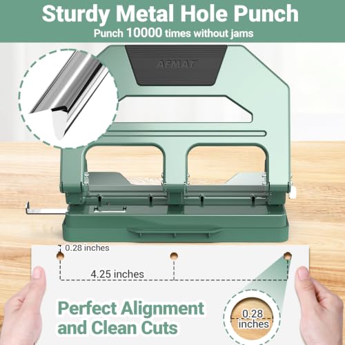 Image of AFMAT Heavy Duty 3 Hole Puncher, 50-Sheet Paper Punch Heavy Duty, 50% Reduced Effort Three Hole Punch, 10K+ Uses, Metal Hole Puncher 3 Ring w /Large Tray, Bulit-in S.S. Paper Guide HPX4(Green)