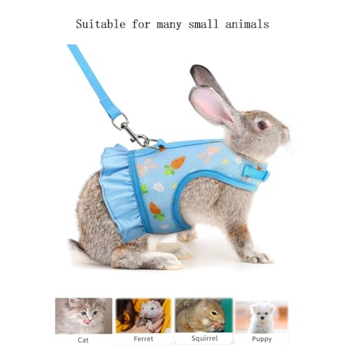 Image of Rabbit Leash and Harness Set,Proof Walking Escape Cute Floral Mesh Vest Breathable Rabbit Clothes for Bunnies, Hiking, Training for Ferret Kitten Puppy Small Pet Harness Blue S