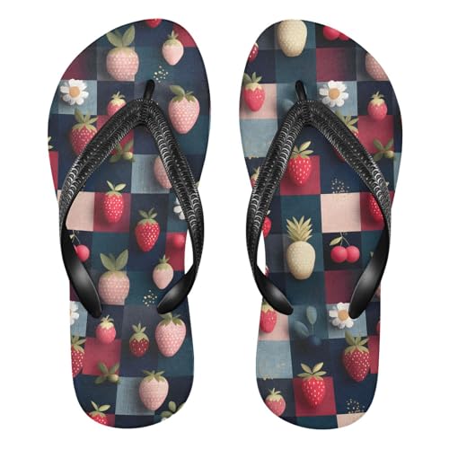 Flip Flop Sandals Strawberry Checkered Print for Women Men Beach Outdoor XS