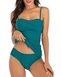 Shuangyu Women's Twist Front Bandeau Tankini Set Two Pieces Ruched Tummy Control Suimsuit with Mid Waist Briefs Dark Green L