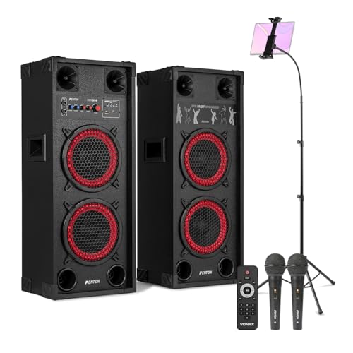 Image of Fenton SPK-208 Complete Karaoke Machine Set - 800W Bluetooth Active Speakers with Dual Wired Microphones & Adjustable Tablet Tripod Stand for Singing & DJ Parties at Home