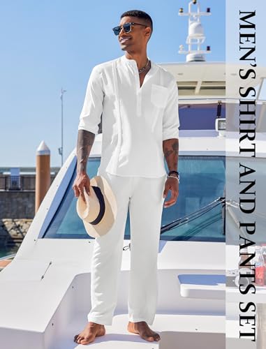 COOFANDY Men's 2 Piece Cotton Sets Casual Long Sleeve Cuban Henley Shirt and Loose Pants Set Beach Vacation Outfits3