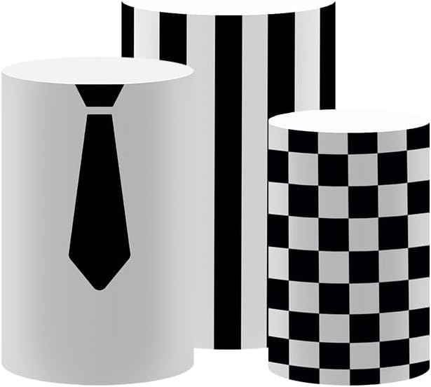 Cylinder Covers Set of 3 Pieces Black Stripes Bow Tie Pedestal Plinth Stand Covers Boys Baby Shower Birthday Party Tablecloth Decorations (Set of 3,BOS7)