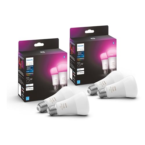 Philips Hue 75W A19 White and Color Ambiance LED Smart Color-Changing Bulb - Pack of 4 - E26 Indoor - Control with Hue App - Compatible with Alexa, Google Assistant, and Apple Homekit by Philips Hue - Used condition - US$119.99